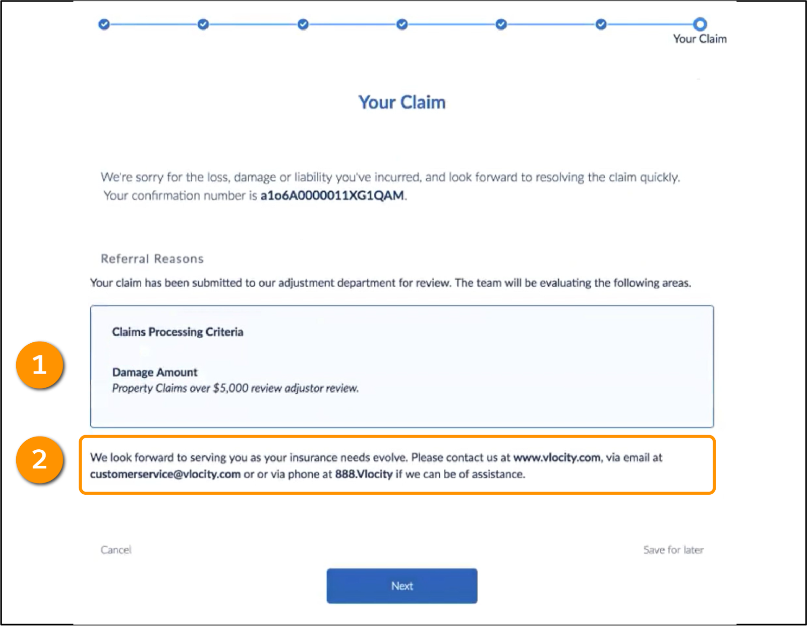 Confirmation number and contact information