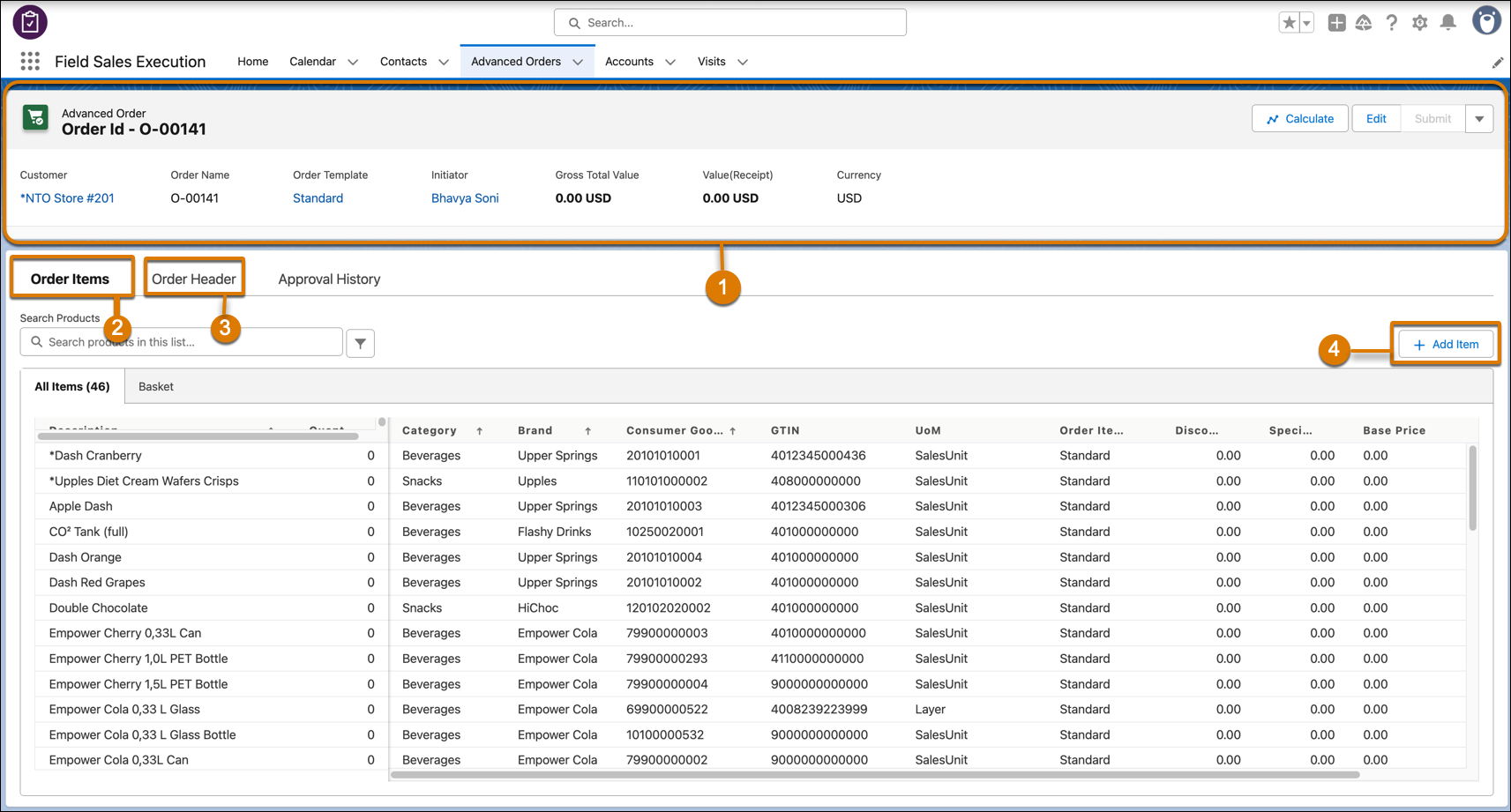 An Advanced Order record opened from Field Sales Execution.