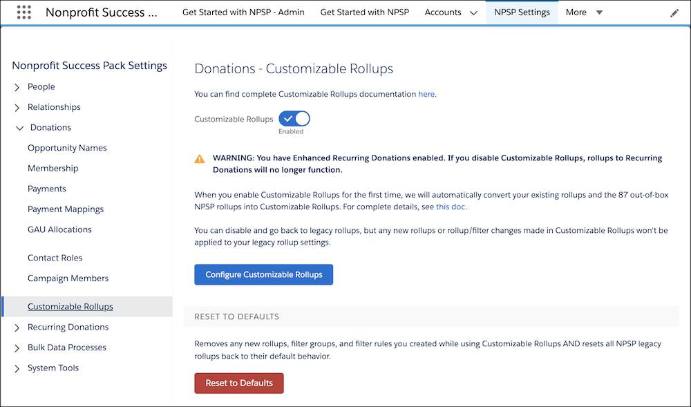 Customizable Rollups configuration settings page within NPSP Settings