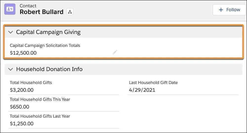 Contact detail page highlighting the Capital Campaign Solicitation Totals customizable rollup field