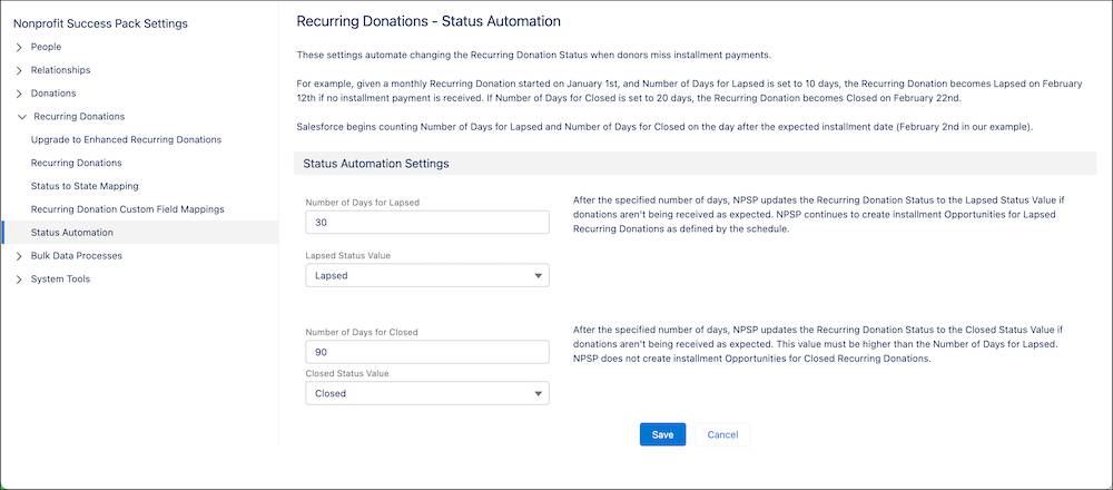 The Status Automation settings page