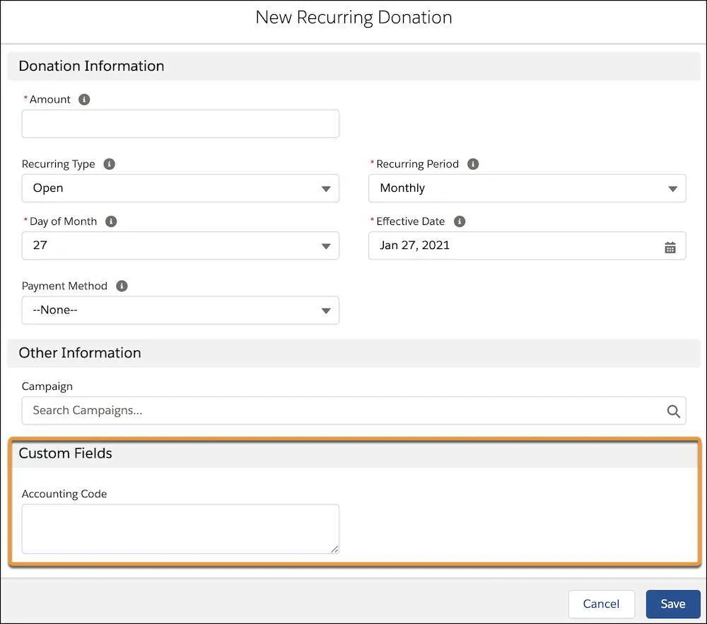 Recurring Donations entry form with new Accounting Code added to the Custom Fields section