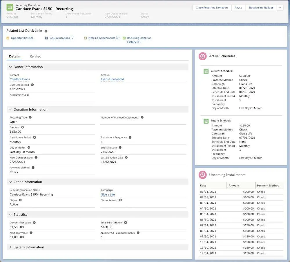 Details page on Recurring Donation record