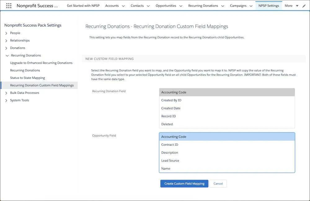 Recurring donation custom field mapping settings