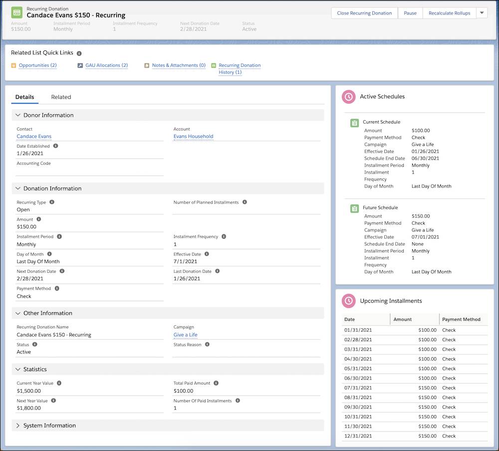 Details page on Recurring Donation record