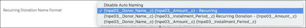 The Recurring Donation Name Format picklist with four options