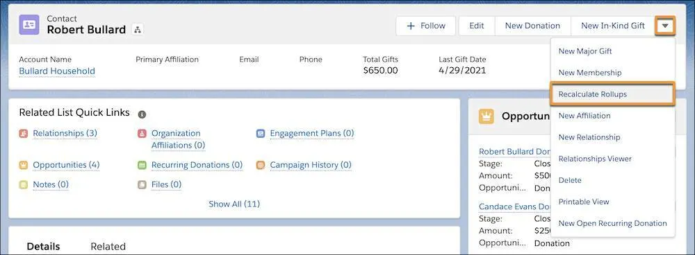 Recalculate Rollups on a single account or contact record