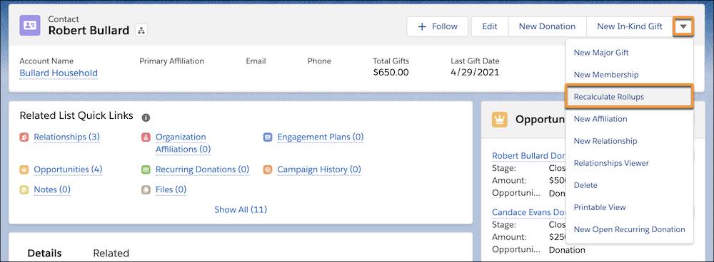 Recalculate Rollups on a single account or contact record