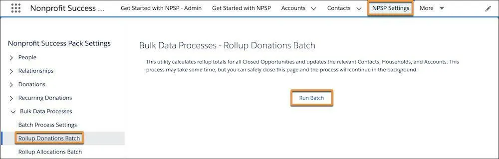 NPSP Settings Bulk Data Processes