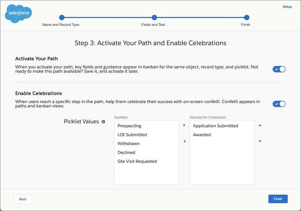 The Activate Your Path and Enable Celebrations interface