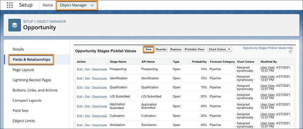 The Opportunity Stages Picklist value list with a focus on the New button