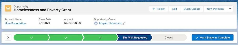 Site Visit Requested stage selected on a grant opportunity