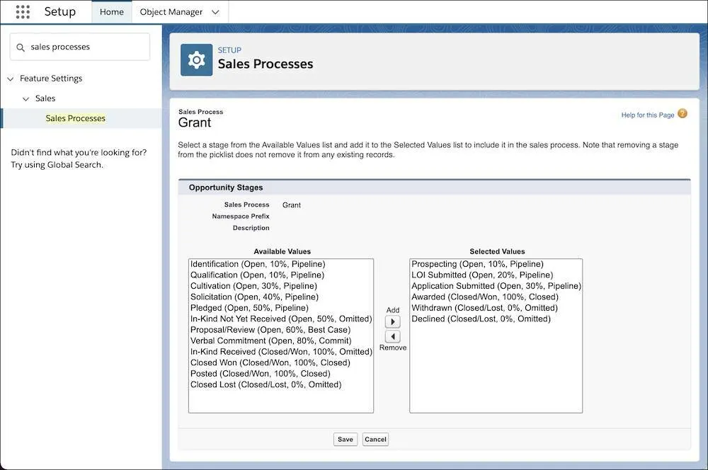 Setup Sales Processes Grant page