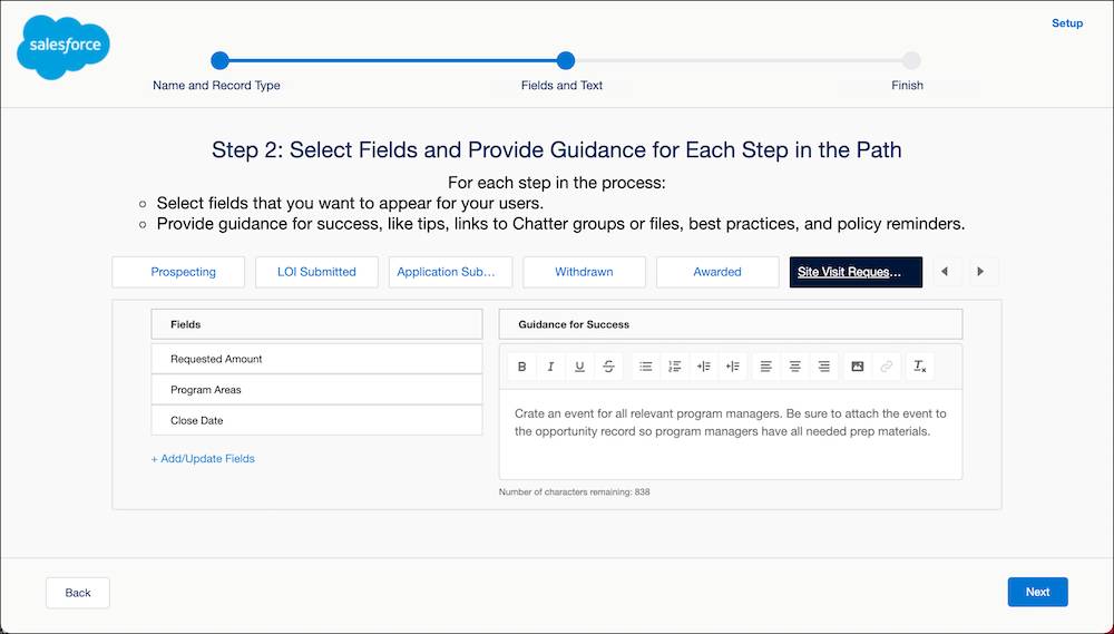 Set up Required fields for each stage