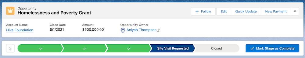 Site Visit Requested stage selected on a grant opportunity