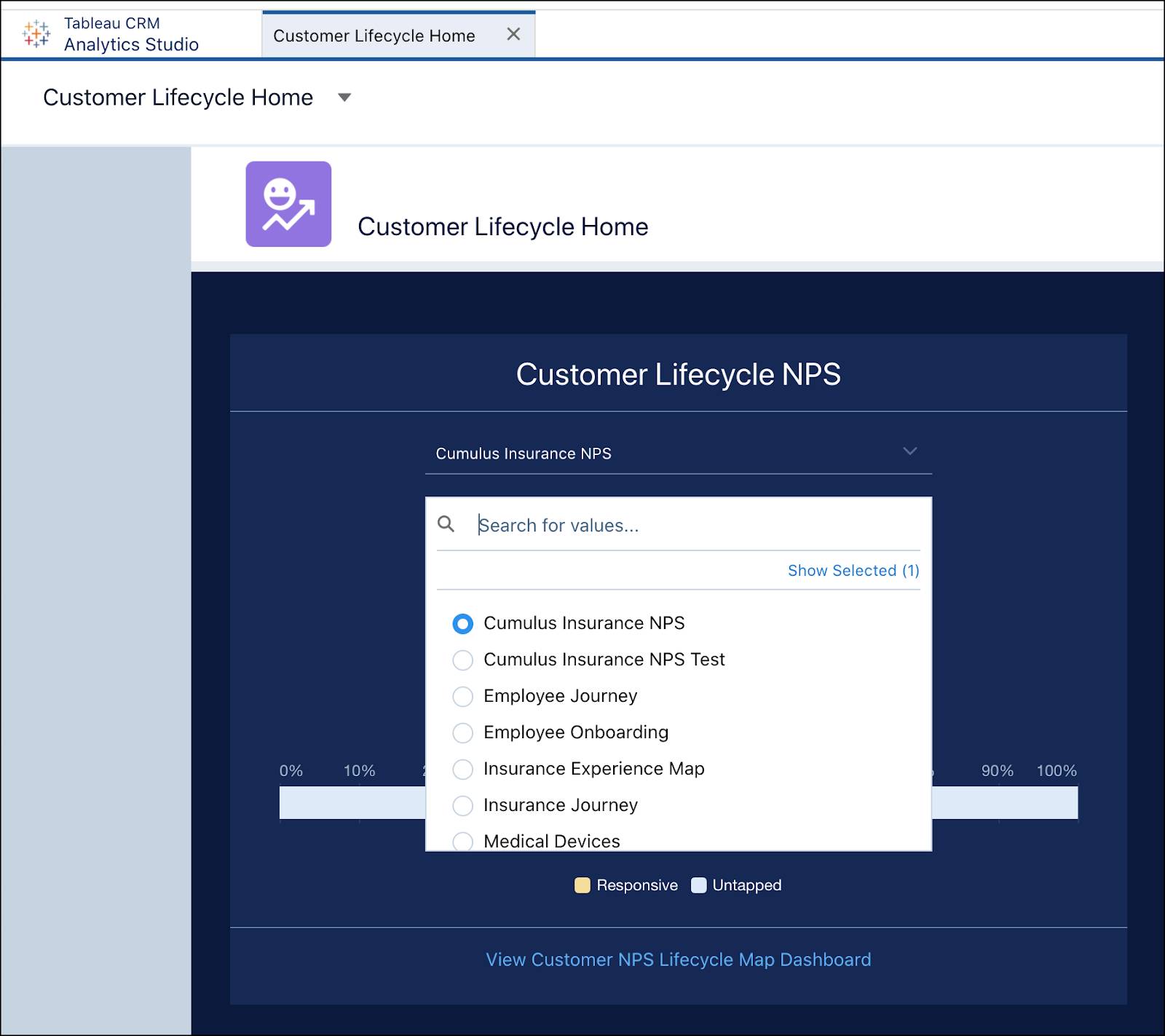 The Customer Lifecycle NPS screen of the Customer Lifecycle Analytics app.