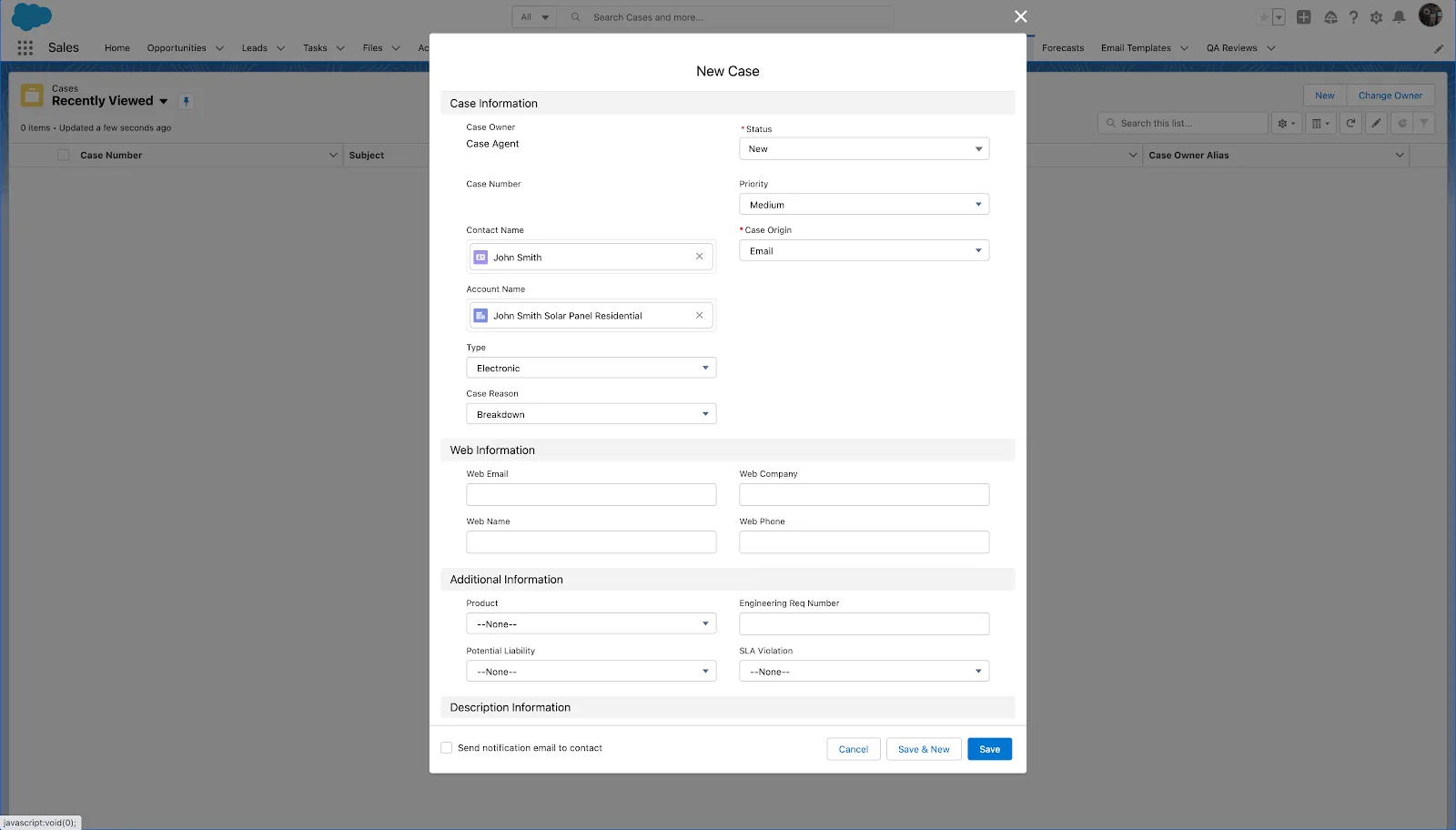 New Case screen. Multiple fields are available to enter Case Information, Web Information, Additional Information, and Description Information.