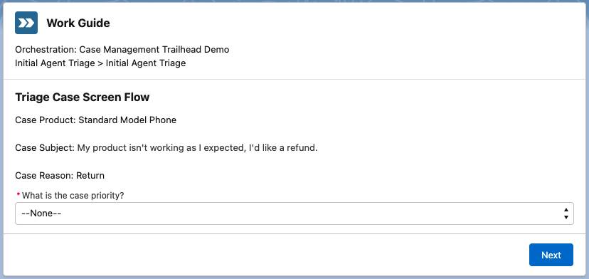 Work Guide item containing a Triage Case Screen Flow for a returned item. Option to select a case priority from a dropdown menu.