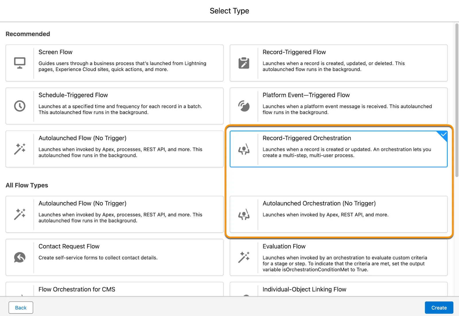 The Select Type screen with Autolaunched Orchestration (No Trigger) and Record-Triggered Orchestration highlighted.