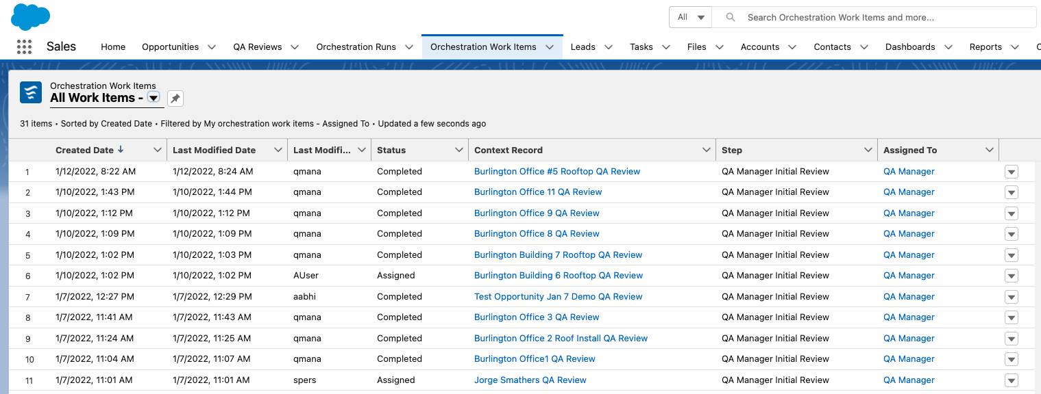 Orchestration Work Items screen. Columns include Created Date, Last Modified Date, Name, Last Modified By, Status, Context Record, Step, and Assigned To.