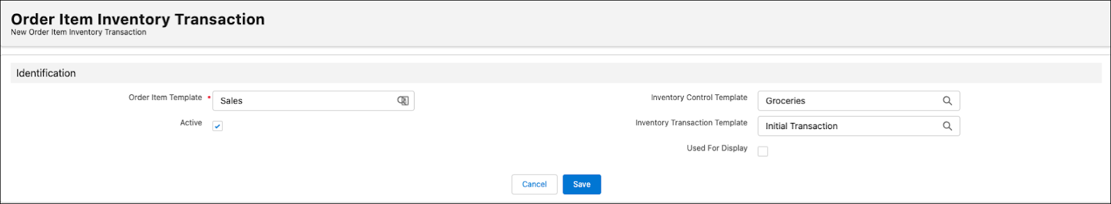 The New Order Item Inventory Transaction page showing the options to create an order item inventory transaction template.