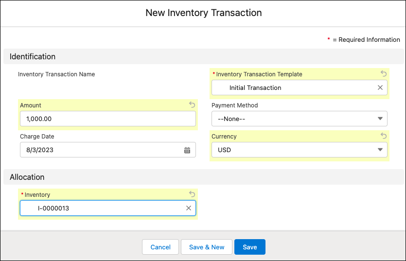 The New Inventory Transaction window showing the options to create an inventory transaction.