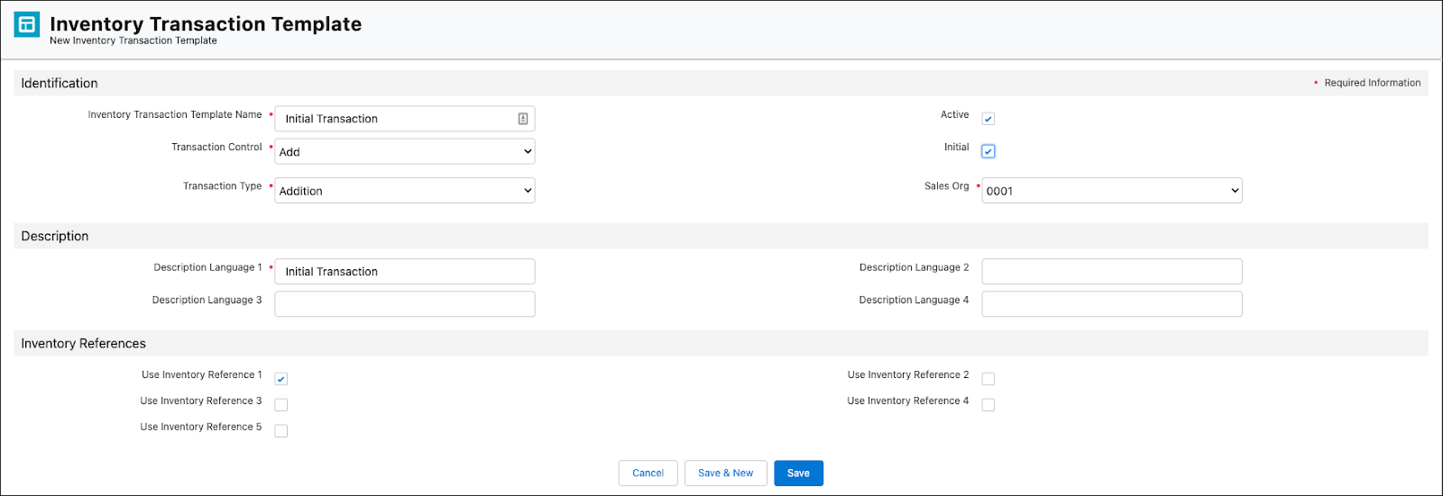 The New Inventory Transaction Template page showing the options to create an inventory transaction template.