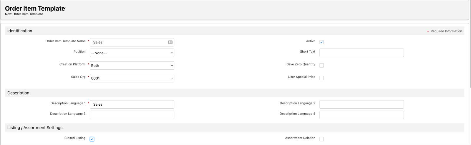 The New Order Item Template page showing the options to create an order item template.