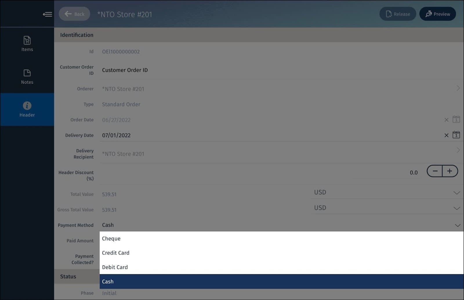 The Header tab with information about the pricing calculations applied to the order and order items and payment method options