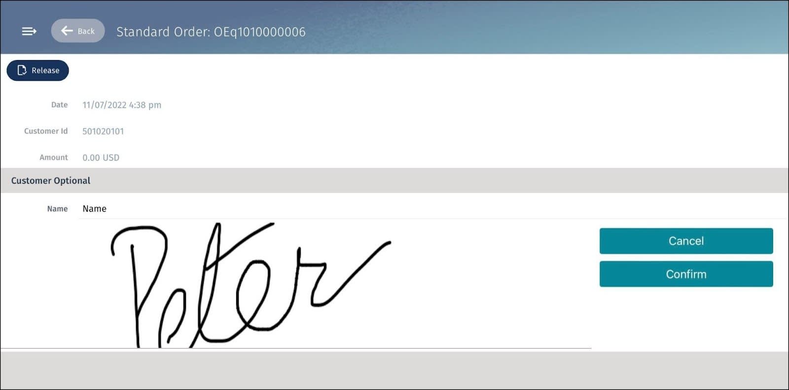 The signature handling page where you confirm the signature