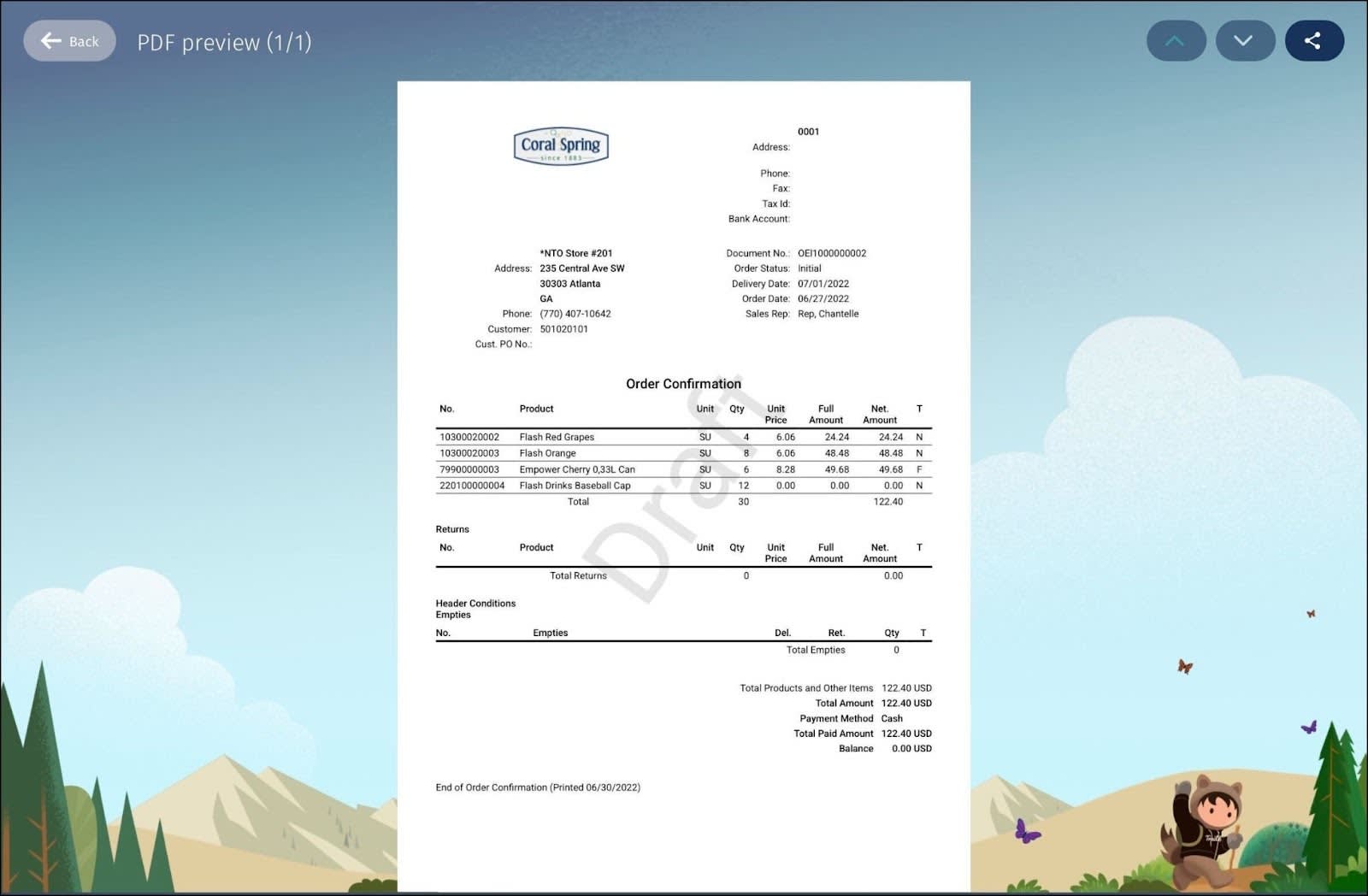 The PDF preview dialog where you can view a print preview of the order