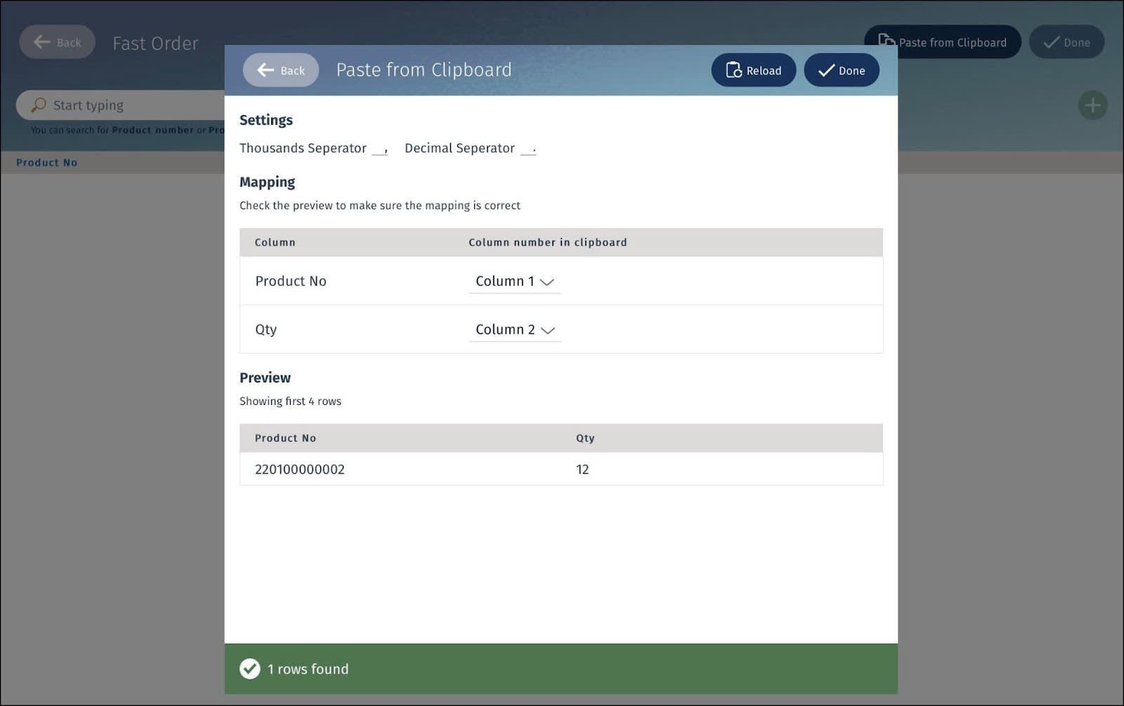 The Paste from Clipboard window where you select the settings to map the entries based on the data type