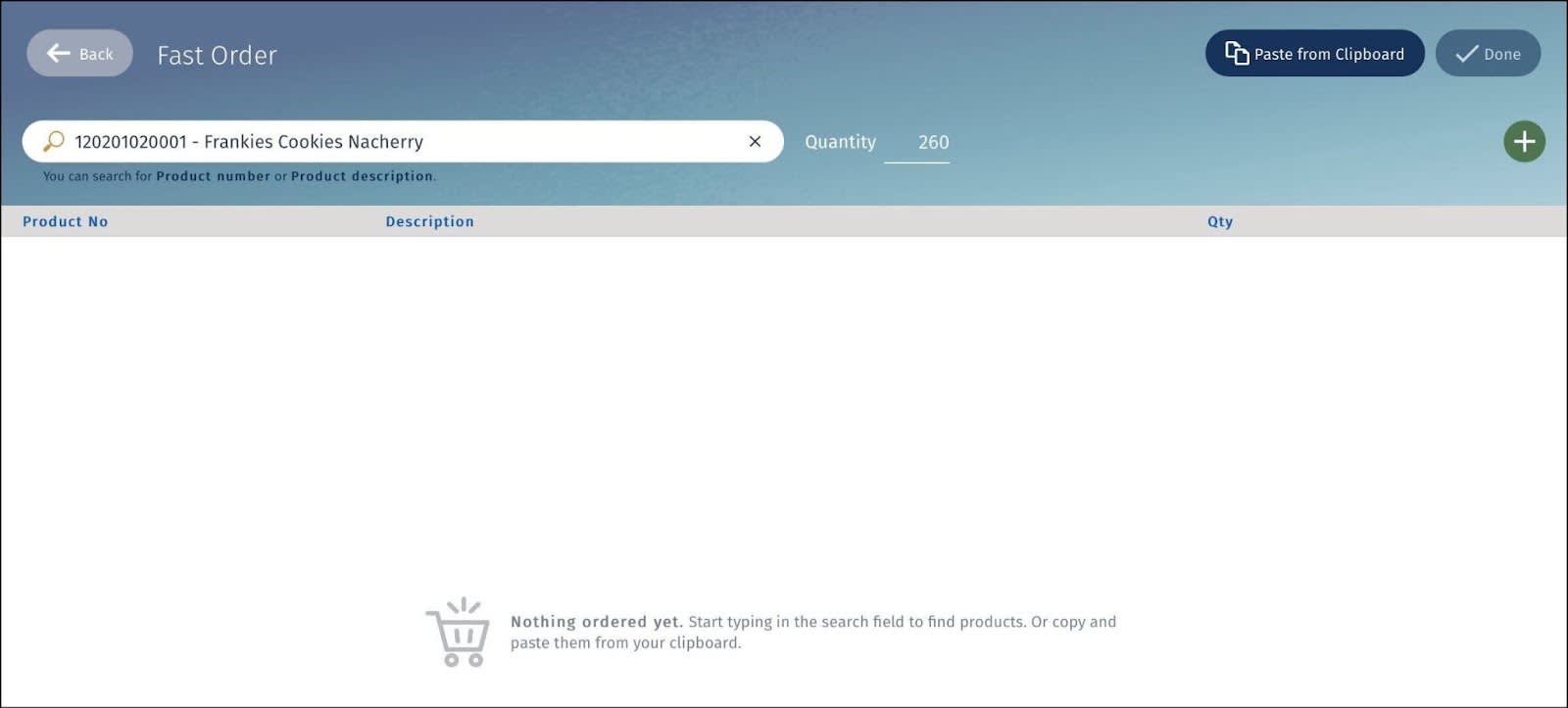 The Fast Order page where you manually enter a quantity for a product