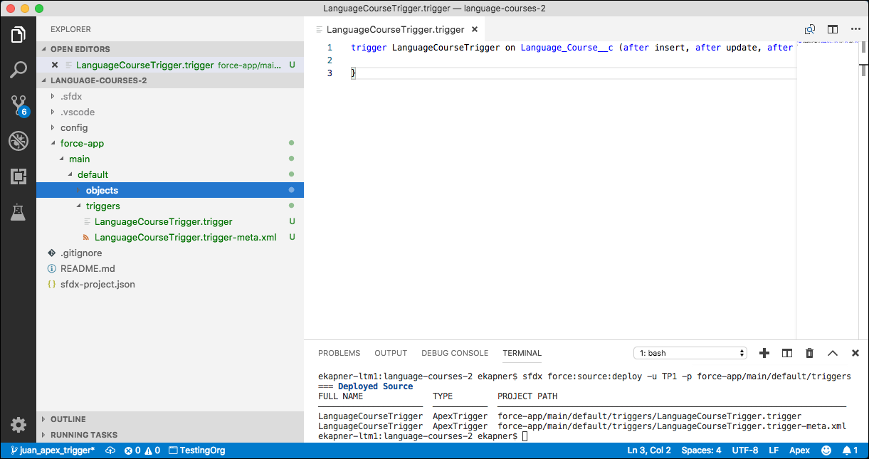 In VS Code, the left side shows the new directory structure created after the source:deploy command for the trigger: force-app/main/default/triggers. The right side shows the Terminal window where the command was run as well as the resulting CLI output.