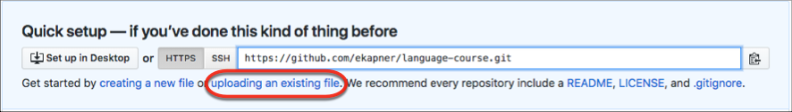 The GitHub Quick Setup banner, where you can click "uploading an existing file" to get started seeding the repo with files.