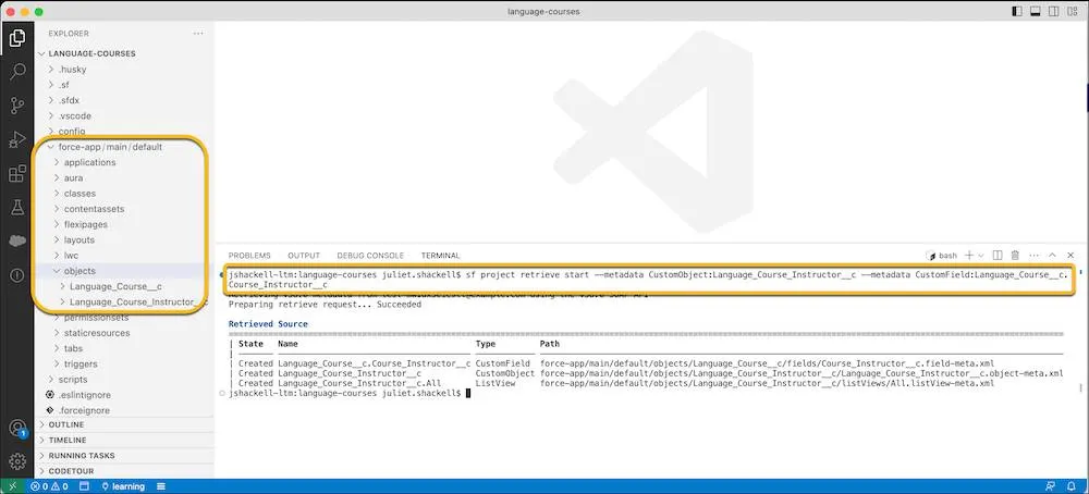 In VS Code, the left side shows the new directory structure created after the source:retrieve command: force-app/main/default/objects. The right side shows the Terminal window where the command was run as well as the resulting CLI output.