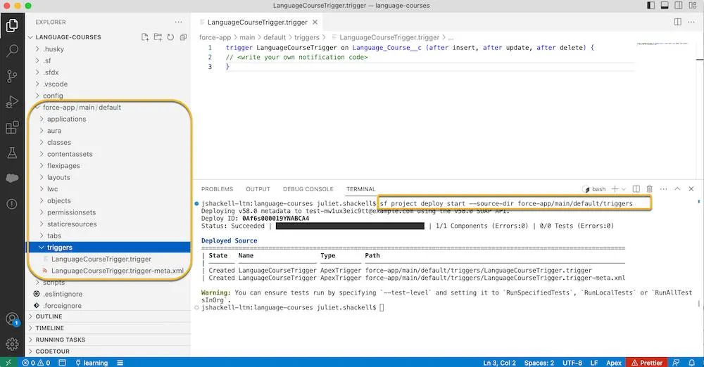 In VS Code, the left side shows the new directory structure created after the source:deploy command for the trigger: force-app/main/default/triggers. The right side shows the Terminal window where the command was run as well as the resulting CLI output.