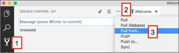 Para extraer todos los cambios del repositorio de Git, 1) haga clic en el icono Source Control (Control de fuentes), 2) haga clic en el icono More Actions (Más acciones) y, luego, 3) seleccione Pull from (Extraer de).