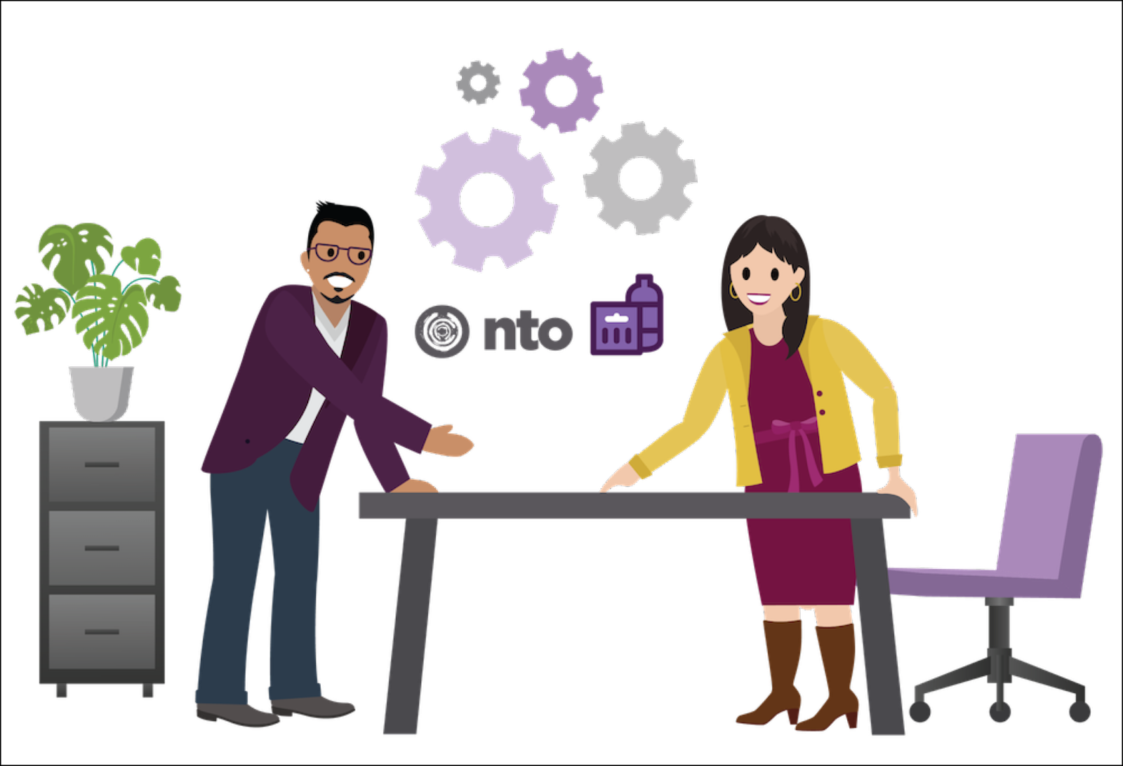 Fatima and Gustavo leaning over a table and planning the setup of NTO org units in CG Cloud.