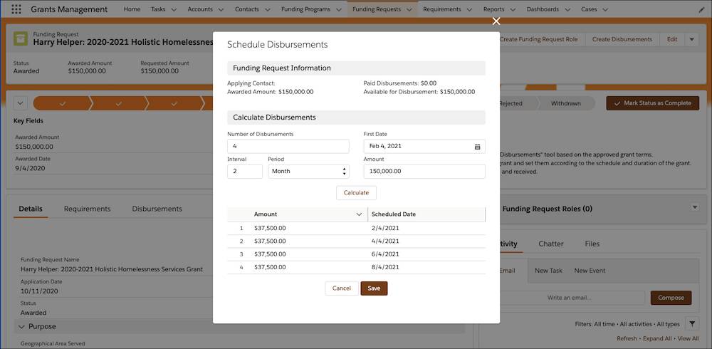 The Schedule Disbursements interface in OFM