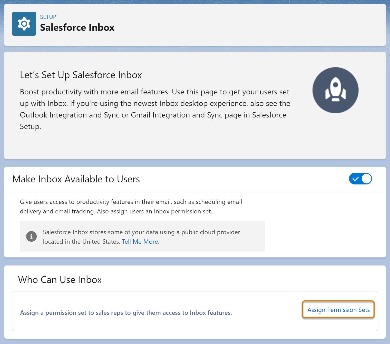 Window showing Salesforce Inbox setup