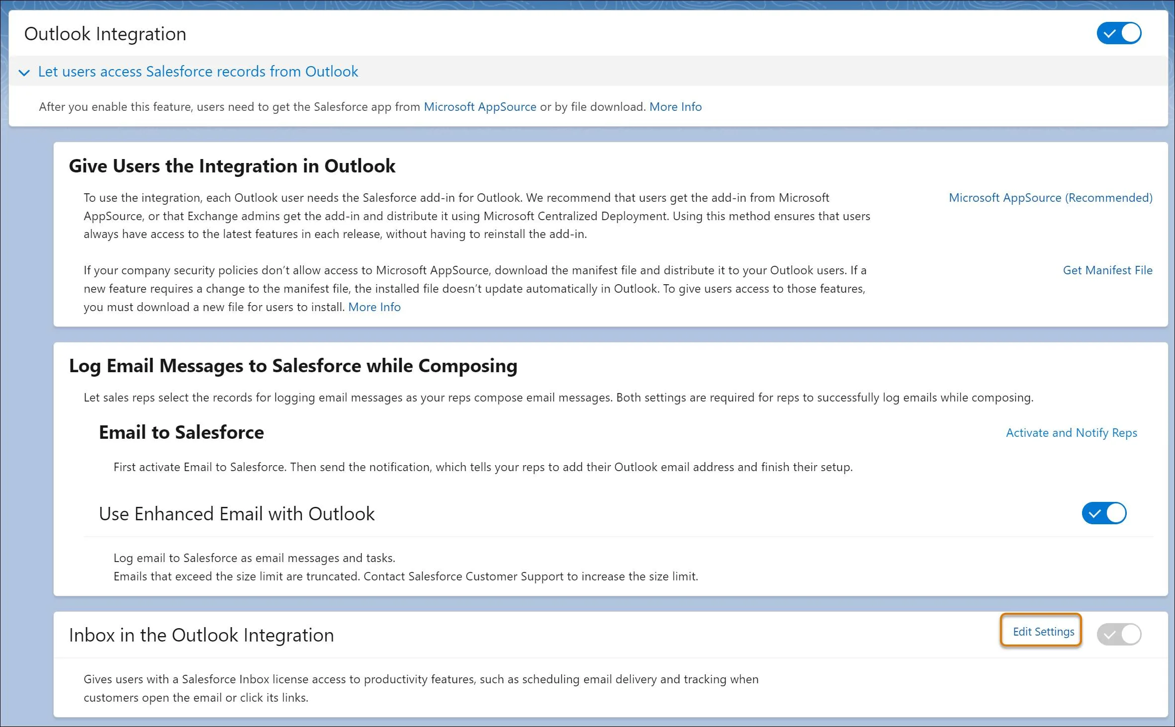 Ventana de configuración de Outlook Integration and Sync (Integración y sincronización de Outlook)