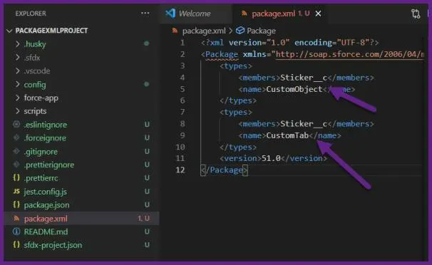 Snapshot of a package.xml with metadata components.