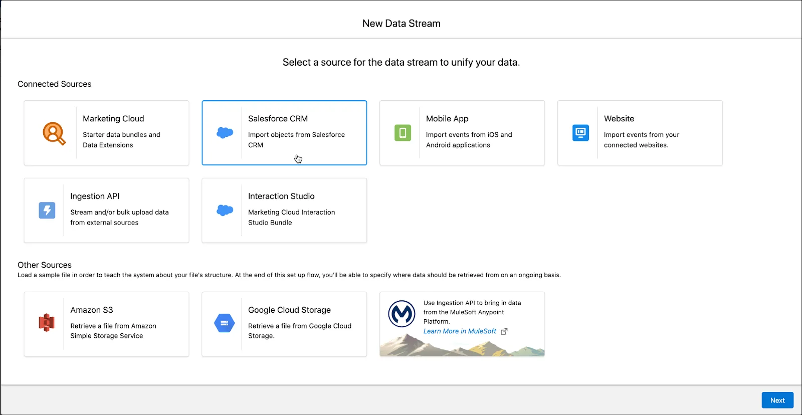 New Data Stream page with Salesforce CRM selected as the source for the data stream to unify data.