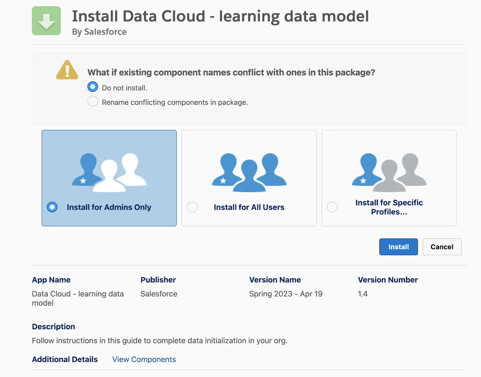 Screenshot of installation options.