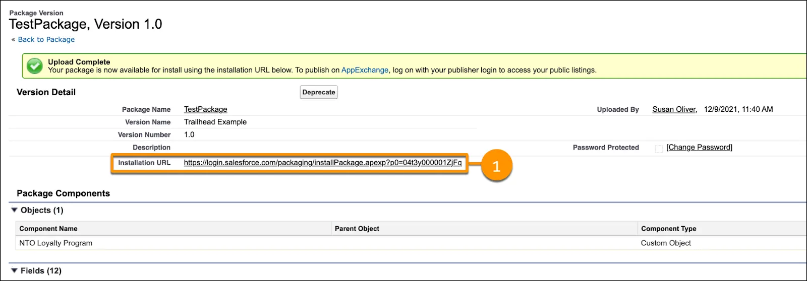 Upload complete message and package details. The Installation URL is circled.