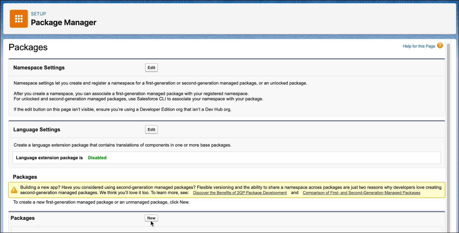 Package Manager with cursor clicking New.