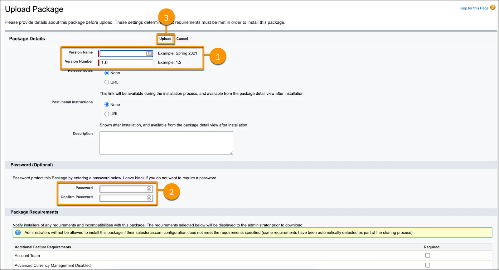 Upload package screen with required version name and version number fields highlighted, as well as optional password fields, and the upload button.