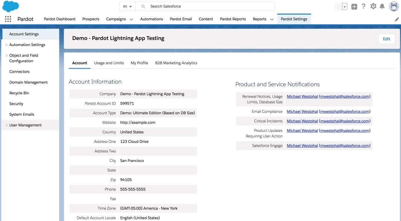 The Pardot Settings home page