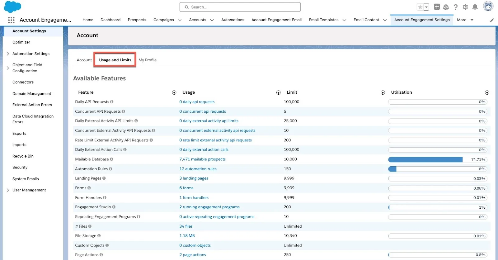 The Pardot Settings page with the Usage and Limits tab highlighted